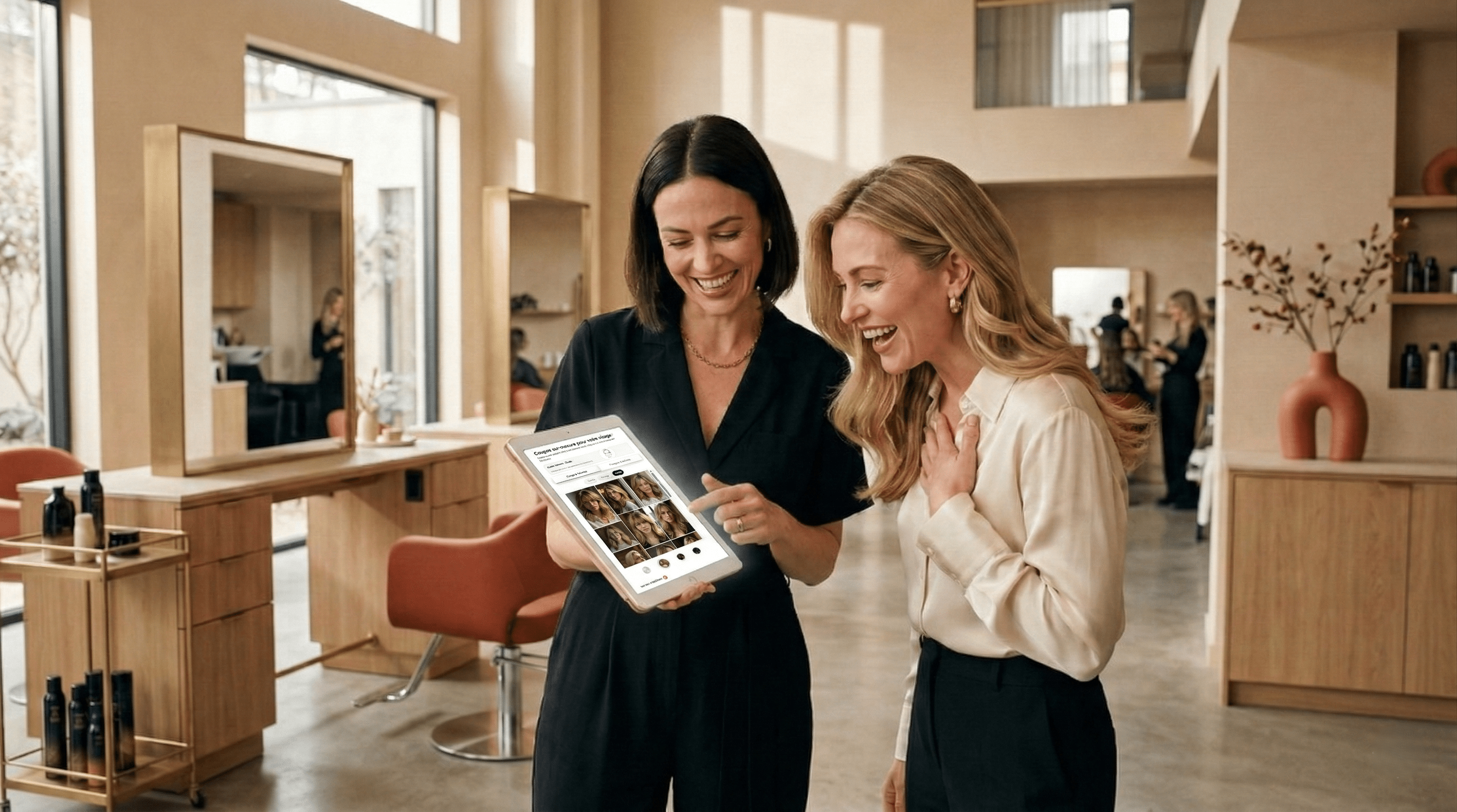 Coiffeuse utilisant la tablette Idélia avec une cliente