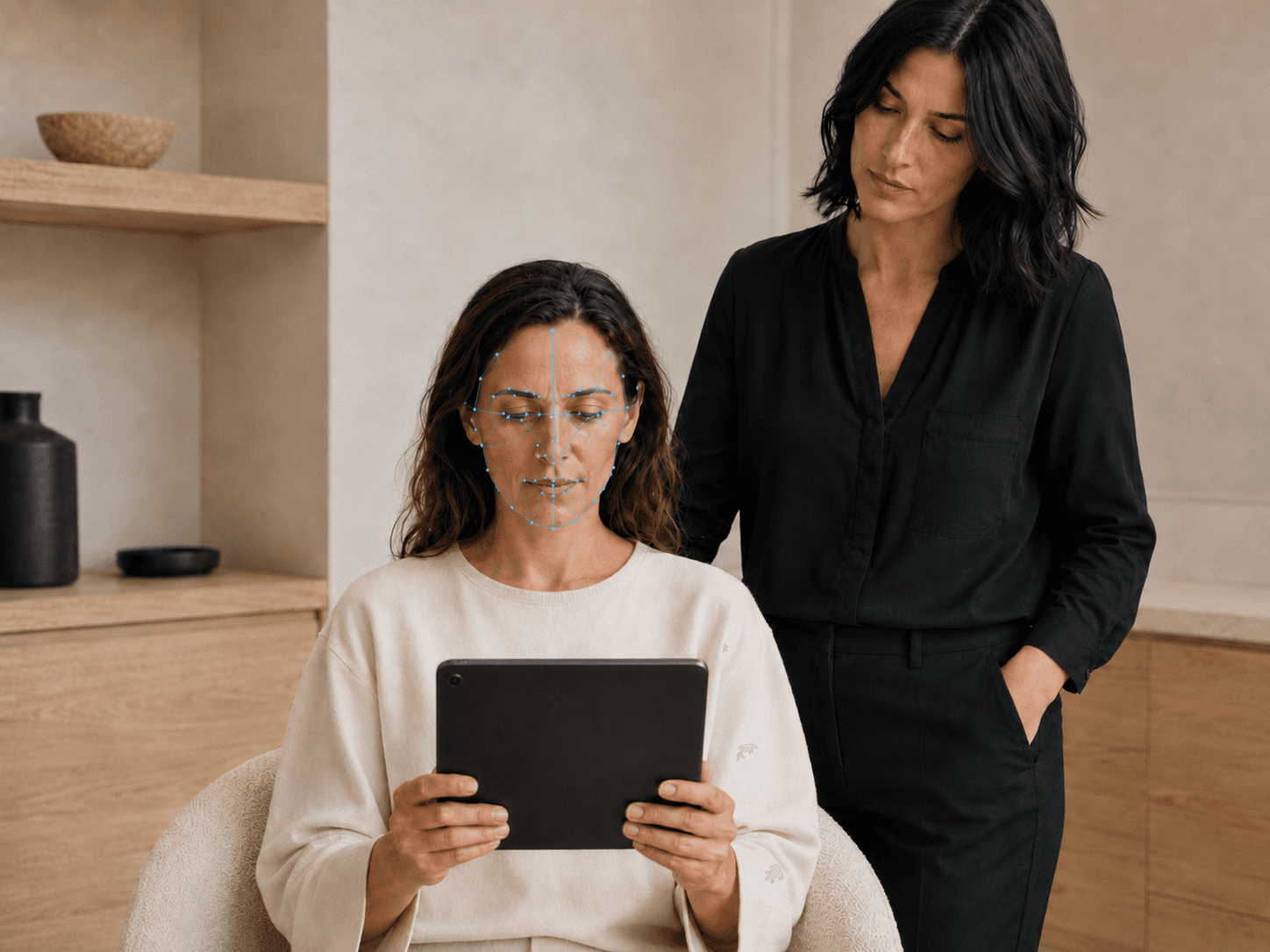 Coiffeuse accompagnant une cliente pendant une analyse morpho-coiffure Idélia