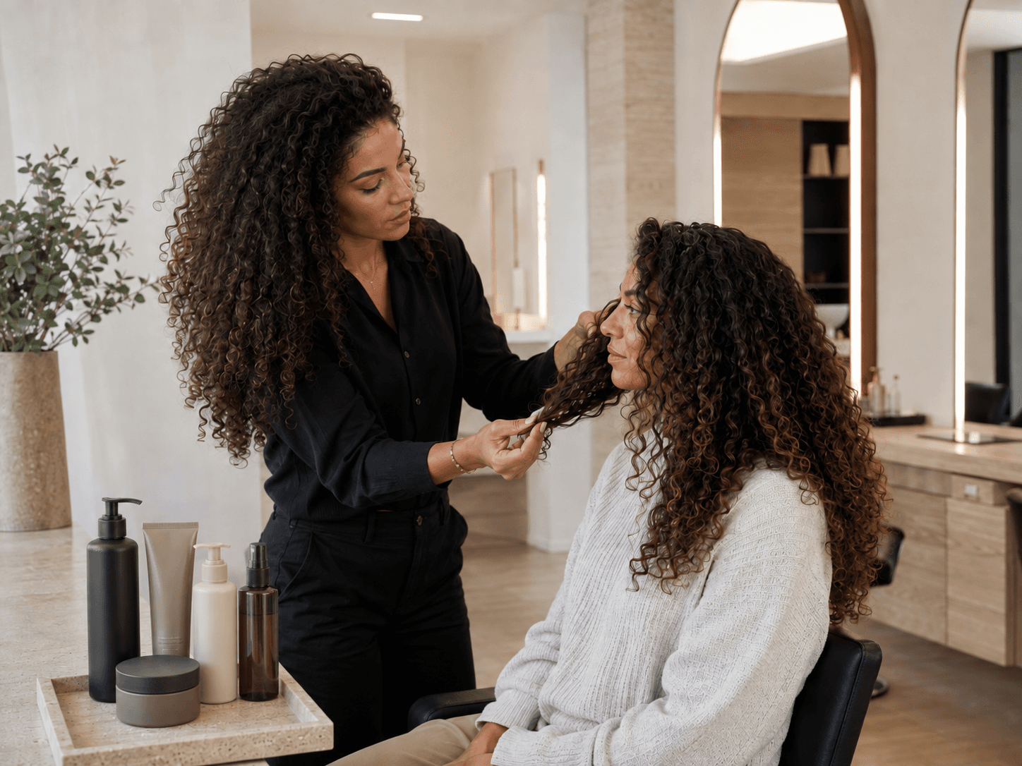 Coiffeuse présentant une tablette à sa cliente